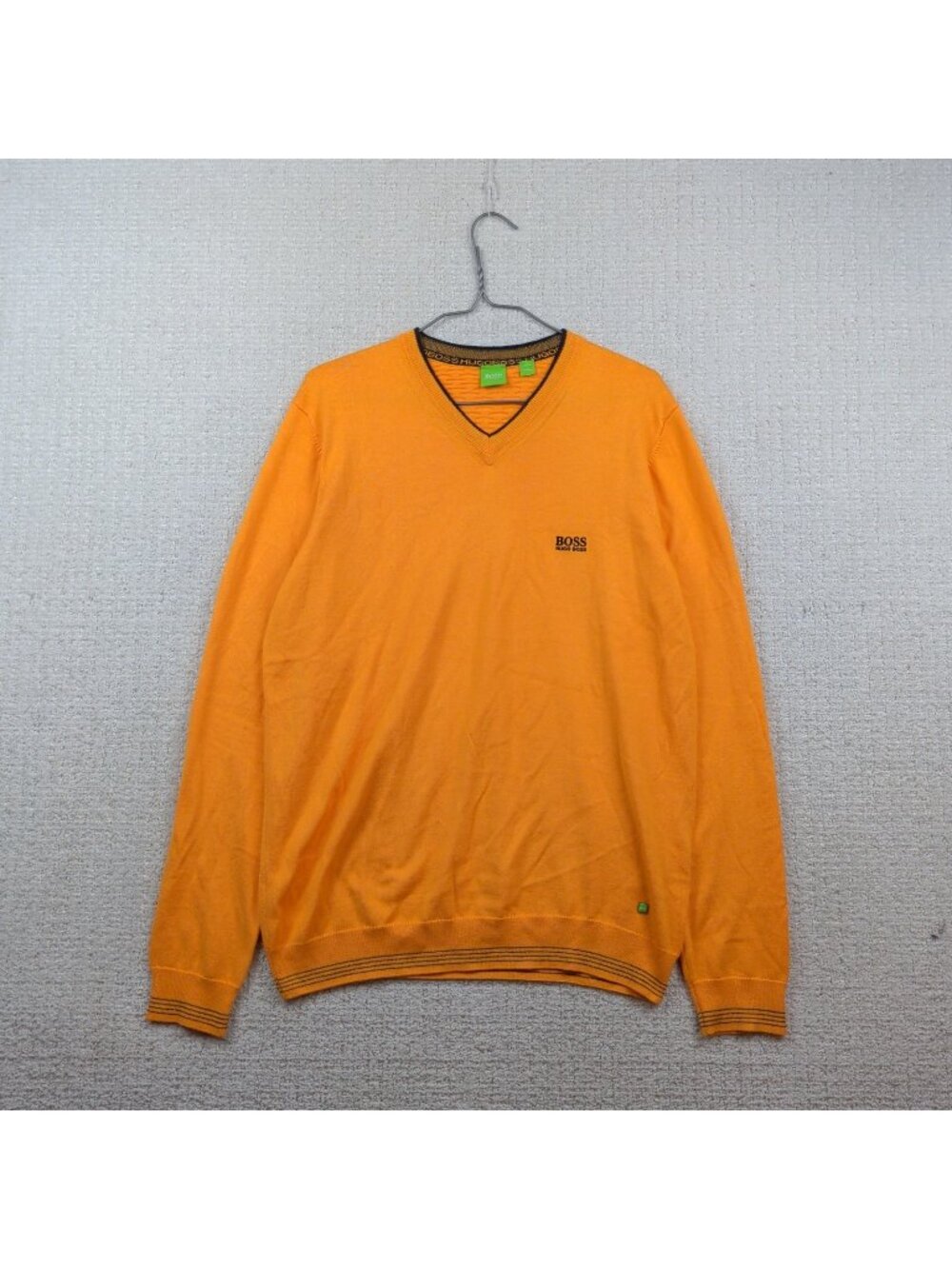 Hugo Boss V-neck Pullover Knit Sweater Neon Orange Preppy Academia Men Sz L